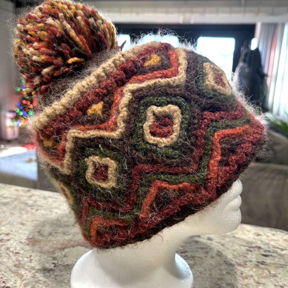 Peruvian Trading Company knit beanie with pompom handmade green/orange/cream OS